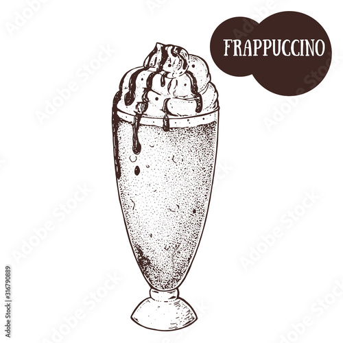 Frappuccino coffee cup sketch. Hand drawn illustration. Engraved vector illustration. Frappuccino glass.