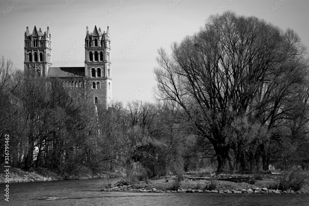 Church on a river - black and white