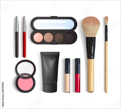 Realistic makeup products set. 3d eyeshadow palette, lipstick, blush, foundation, lip and eye pencils, brushes. Decorative cosmetic product top view isolated on white background. Vector illustration