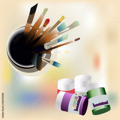 Brushes and paints for the artist, accessories for drawing and creativity