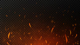 Fire sparks on dark transparent background. Flying up sparks, burning fire particles with smoke texture. Realistic flame effect