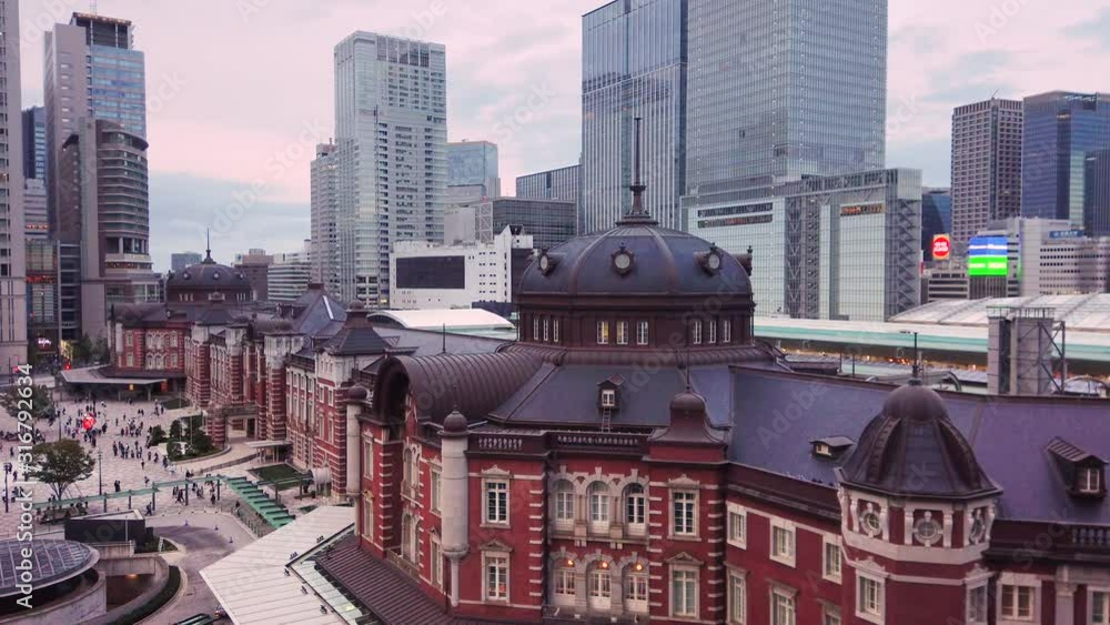 Aerial video of Marunouchi side of Tokyo railway station in the Chiyoda City, Tokyo, Japan. Aerial video of Marunouchi side of Tokyo railway station in the Chiyoda City, Tokyo, Japan.