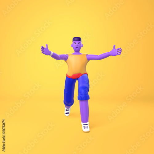 A young african guy informally greets holding out his hand. Trendy concept disproportionate body big legs and arms cartoon illustration. Fashionable bright color style. 3D rendering