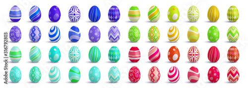 Set of cute colorful 3d realistic Easter eggs on isolated background, decorative vector elements collection