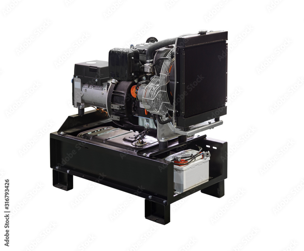 Mobile, portable mobile diesel or gasoline generator, black, with remote control, isolated on white background. Mobile, portable mobile diesel or gasoline generator, black, with remote control, isolated on white background.