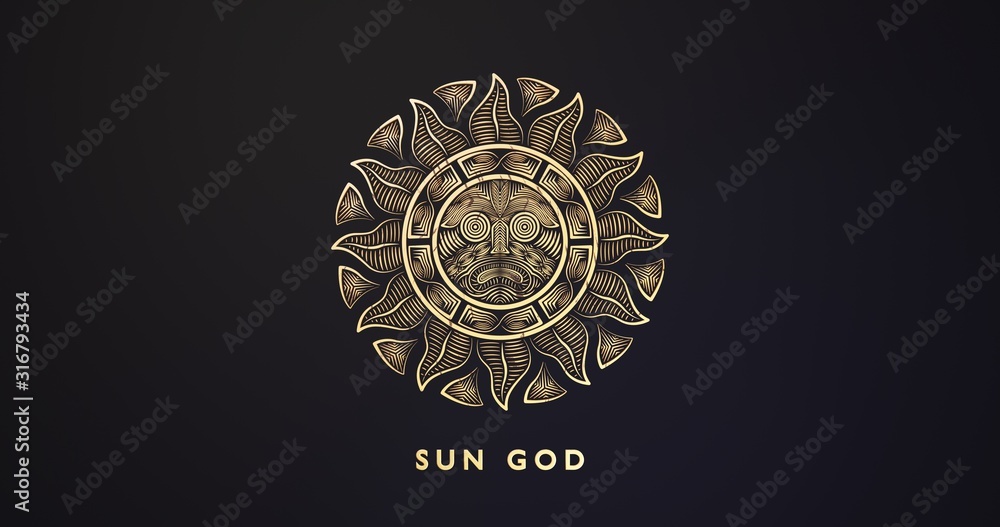 Aztec Sun God. 3d golden ancient symbol. Sun icon. Aztec geometric sun. 6k ancient relic. Ornamental Colorful sun.
