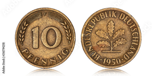 German ten pfennig coin from 1950 photo