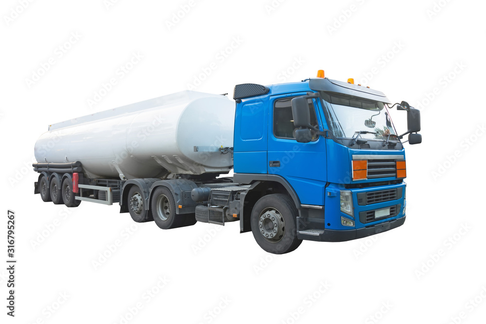 Truck with trailer cistern for liquid cargo, fuel. Isolated on white background.