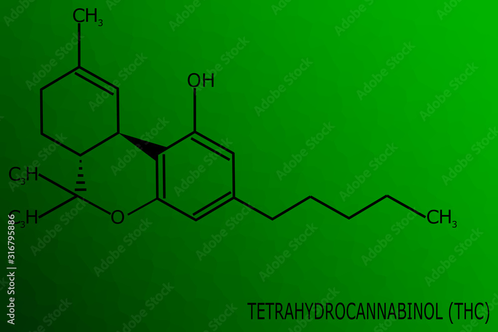 Tetrahydrocannabinol (THC) molecule on a green background. TCH is one of the active principles of the marijuana
