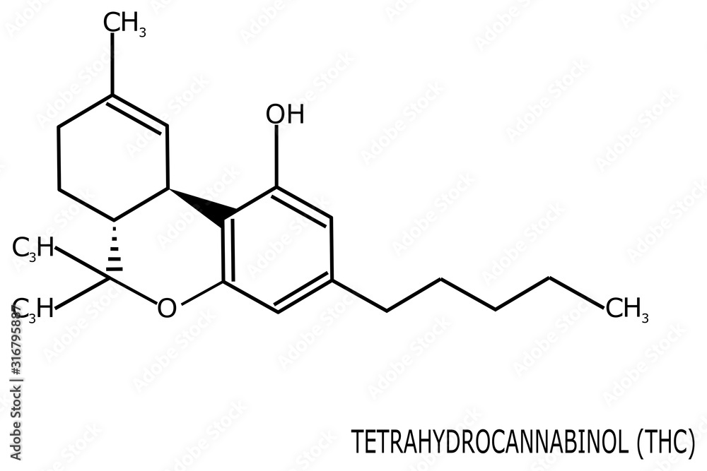 Tetrahydrocannabinol (THC) molecule on a white background. TCH is one of the active principles of the marijuana