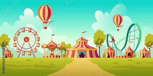 Carnival funfair, amusement park with circus tent, roller coaster, carousel and ferris wheel. Vector cartoon illustration of summer landscape with attractions and balloons