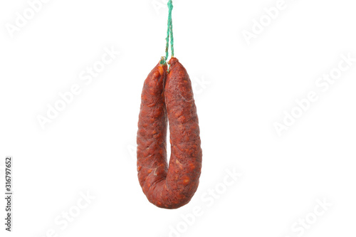 Delicious hanging sausage isolated on white background