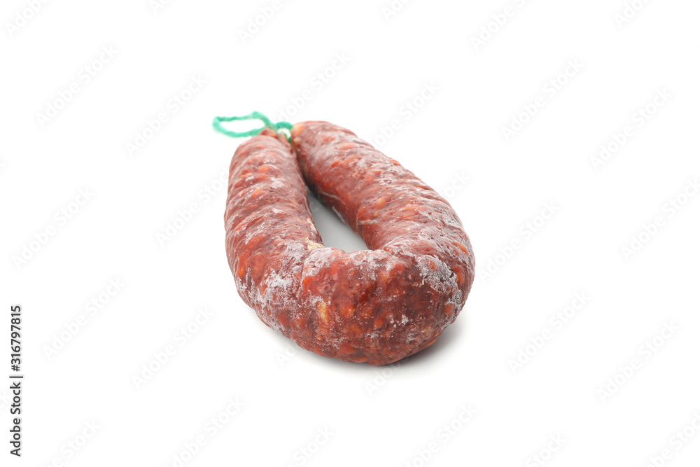 Delicious sausage with rope isolated on white background Delicious sausage with rope isolated on white background