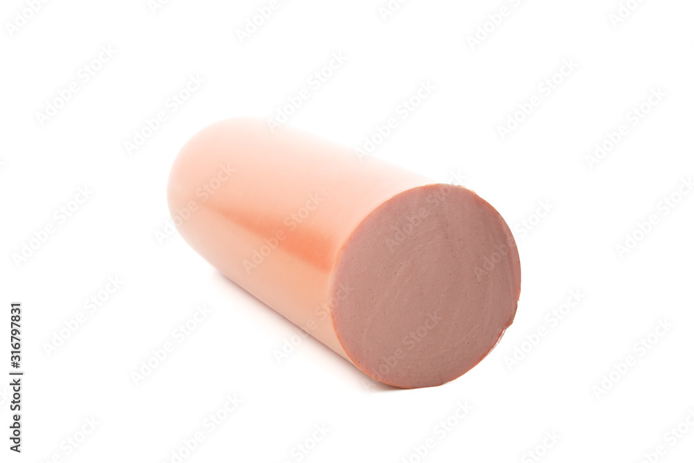Half of sausage stick isolated on white background, close up Half of sausage stick isolated on white background, close up