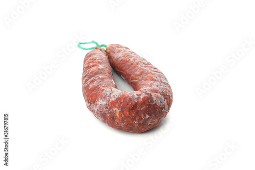 Delicious sausage with rope isolated on white background