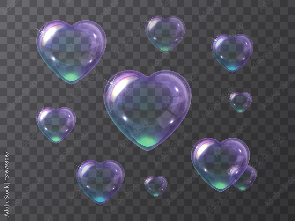 Set of purple soap bubbles hearts