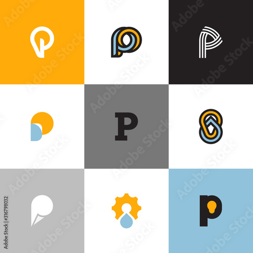 Set of letter P logo templates with drop and light bulb. Collection of creative vector icons for design