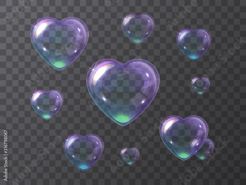 Set of purple soap bubbles hearts