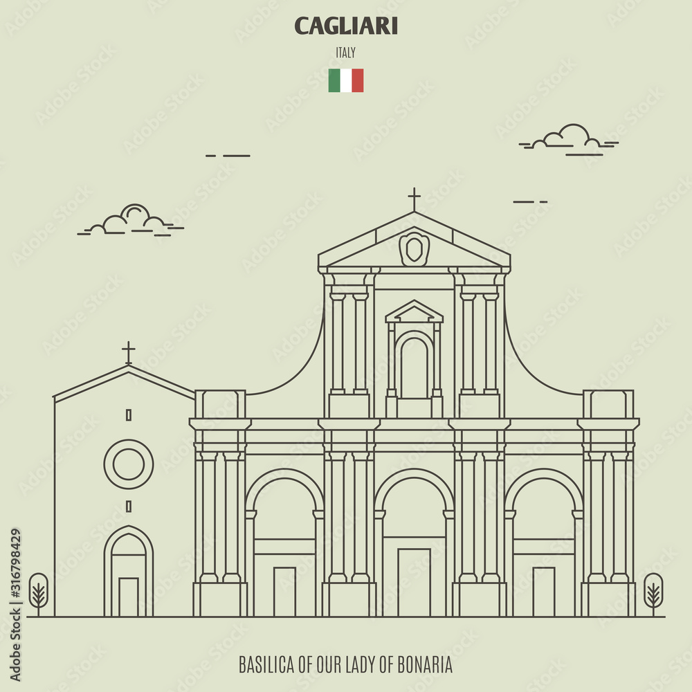 Basilica of Our Lady of Bonaria in Cagliari, Italy. Landmark icon