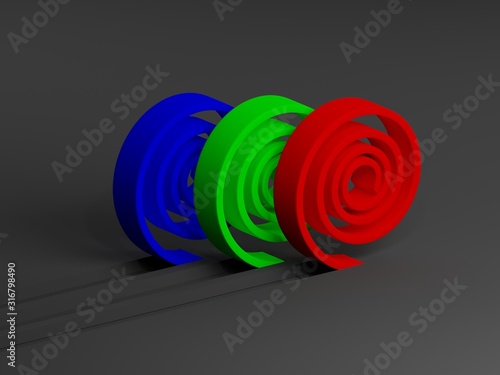 3D rendering. Red  green  and blue stripes. Sliced curls. Color profile. Black background.