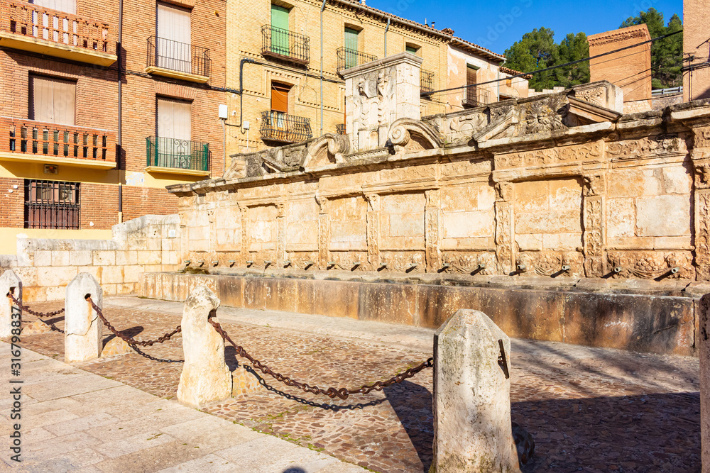 View of the fountain of the 20 pipes, Daroca, Aragon, Spain
