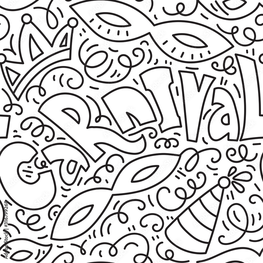 Carnival seamles pattern background with masquerade masks, crown and jester hat..Black and white hand drawn vector illustration. Doodle style.