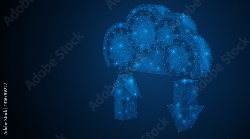 The technology of cloud storage. A low-poly cloud with a working gear mechanism. Business concept of information processing storage.