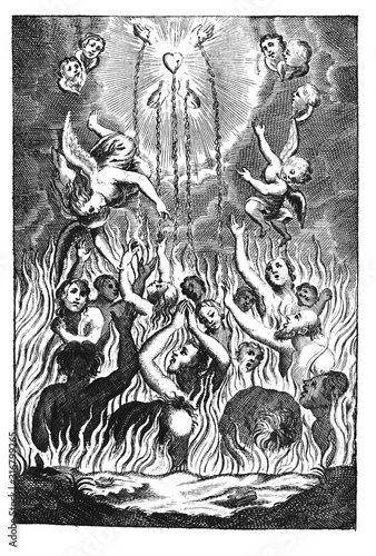 Antique vintage religious allegorical engraving or drawing of souls or people suffering in fire of hell and angels showing them way to heaven.Illustration from Book Die Betrubte Und noch Ihrem photo