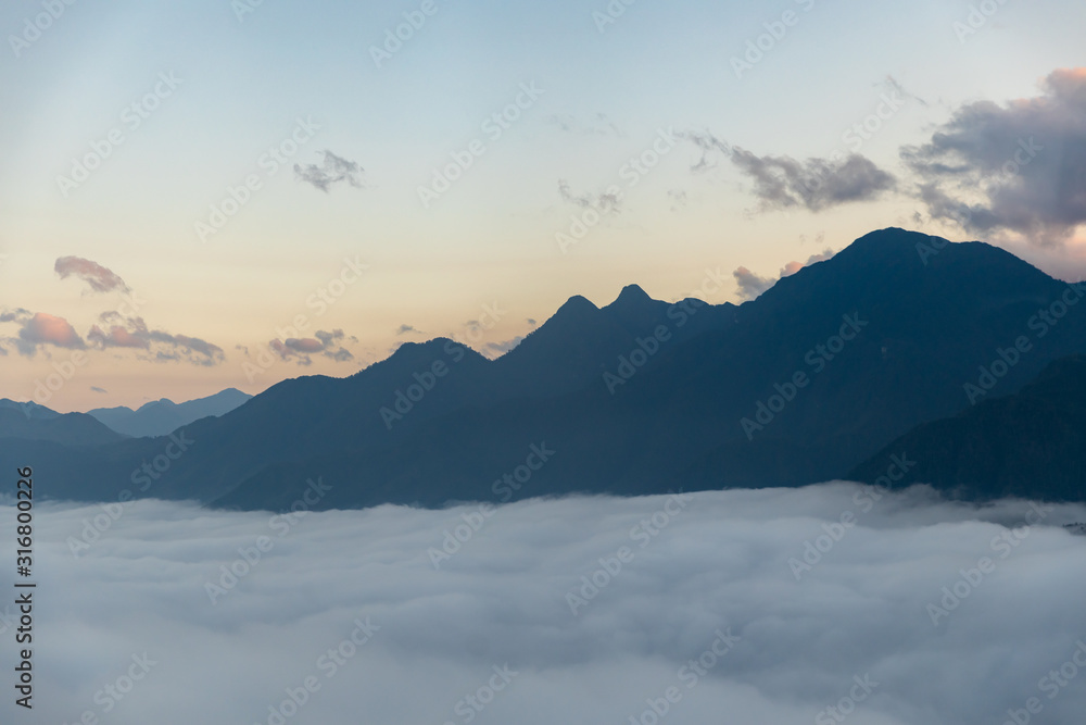 fog and sky cloud mountain range valley landscape,scenery from cable car.