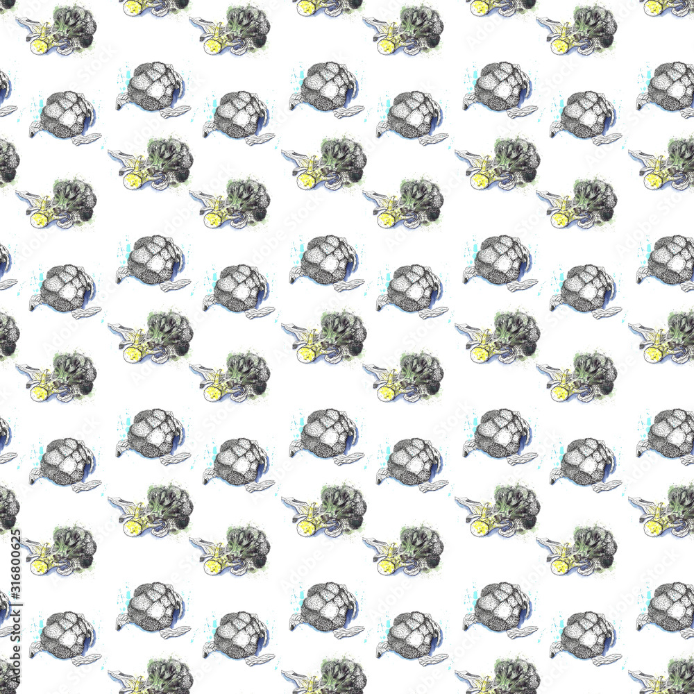 Graphic drawing of broccoli pattern on a white background Graphic drawing of broccoli pattern on a white background