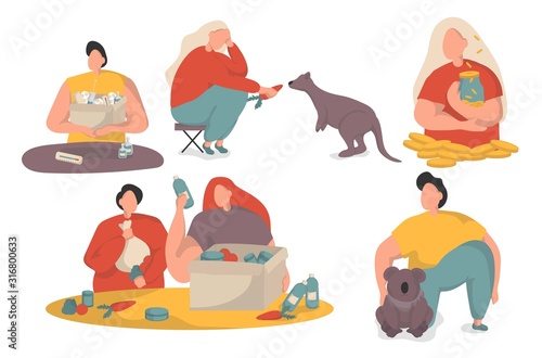 Collection of volunteers on a white background. Men and women feed forest animals, collect money, pack donation box. Help kangaroo and koalas concept.