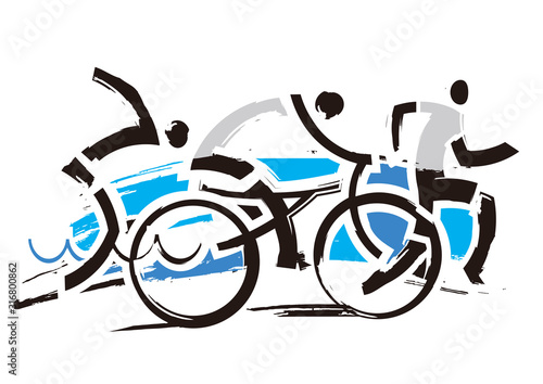 Triathlon Racers, expressive symbol. Three triathlon expressive stylized athletes. Isolated on white background. Vector available.