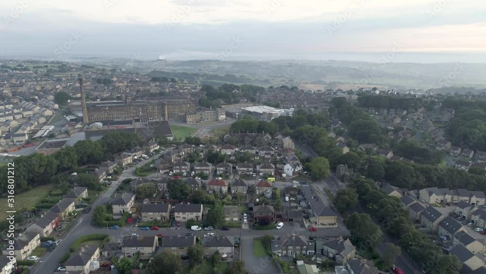 Aerial drone housing and old mill, Queensbury, Bradford Aerial drone housing and old mill, Queensbury, Bradford