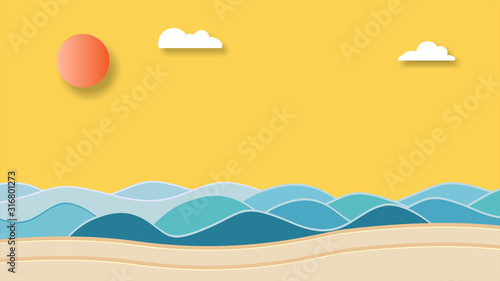 Summer time   sea with beach and coconut tree   paper art style