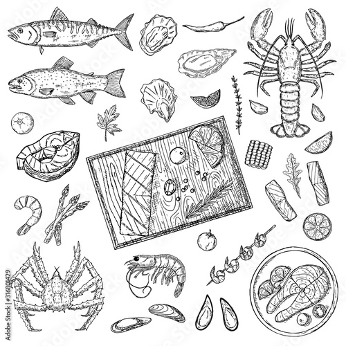 Seafood. Big hand-drawn set. Vector cartoon illustrations. Isolated objects on a white background.