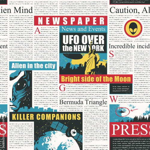 Vector seamless pattern with newspaper columns. Magazine or newspaper background with unreadable text, colored illustrations and headlines on the theme of alien, UFO, extraterrestrial civilizations