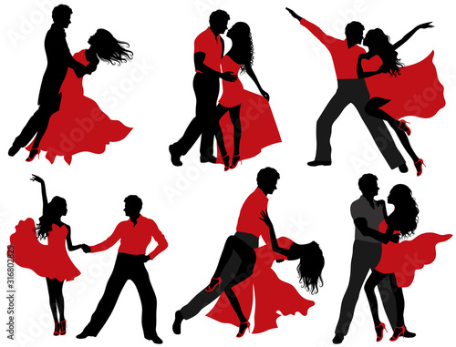 Set of dancing couple silhouettes. Isolated on white.