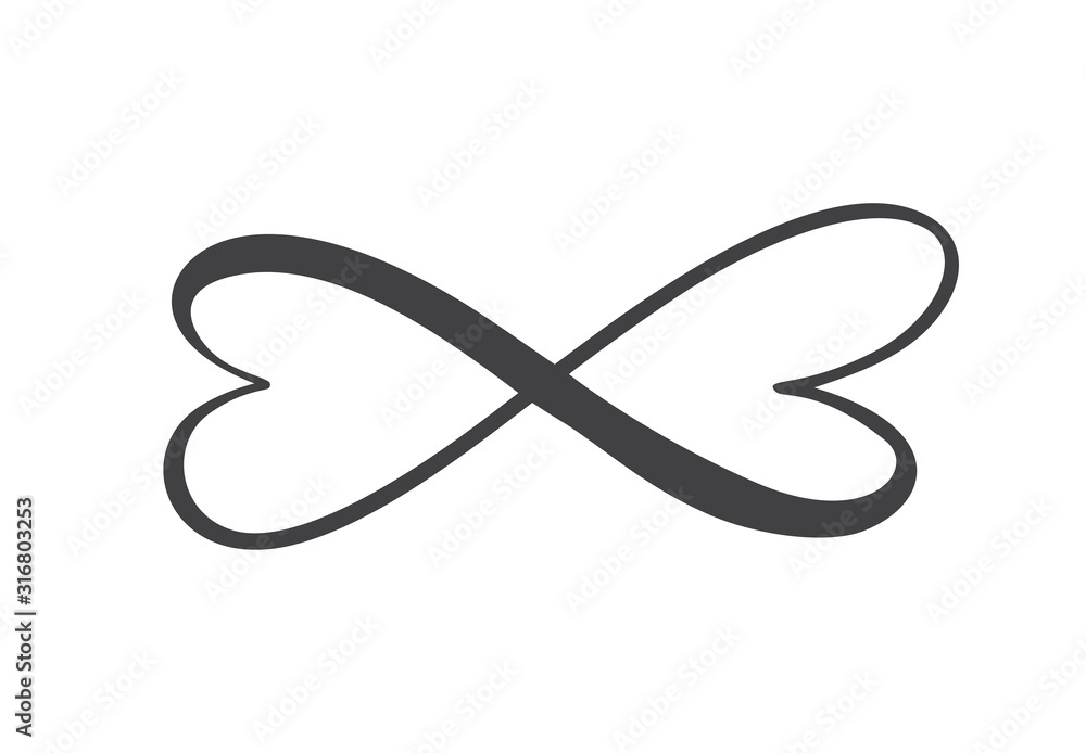 Two hearts love logo with Infinity sign. Design flourish element for valentine card. Vector illustration. Romantic symbol wedding. Template for t shirt, banner, poster Two hearts love logo with Infinity sign. Design flourish element for valentine card. Vector illustration. Romantic symbol wedding. Template for t shirt, banner, poster