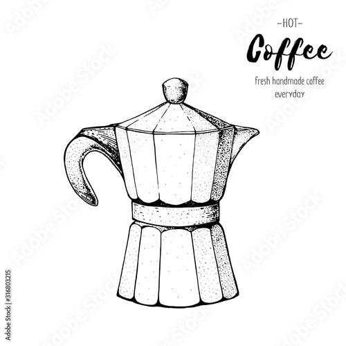 Geyser coffee maker hand drawn sketch. Vintage vector illustration.