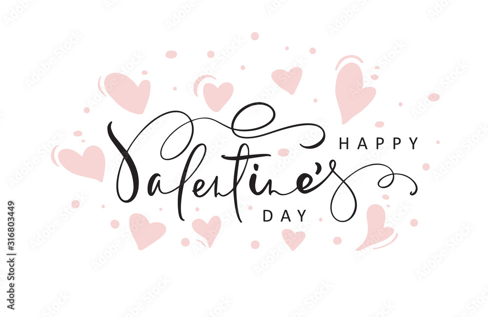 Happy Valentines Day red vector handwritten lettering text with hearts. Holiday design letters to greeting card, poster, congratulate, calligraphy text illustration