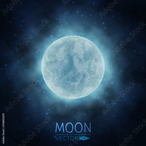 Moon in Clouds. The Background of the Moon in the Starry Sky. Moonlight in the Night Sky. Vector Illustration.