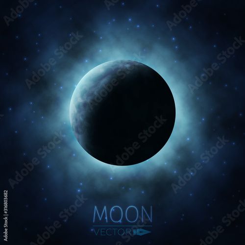 Crescent Moon. Moon in Clouds. The Background of the Moon in the Starry Sky. Moonlight in the Night Sky. Vector Illustration.