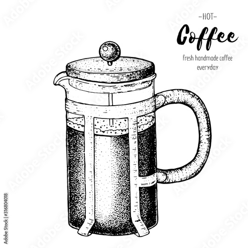 Coffee maker french press. Hand drawn sketch. Vintage vector illustration.