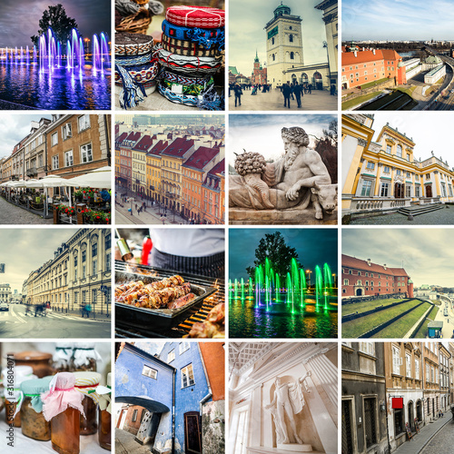 Collage of sights and scenes of Warsaw, Poland