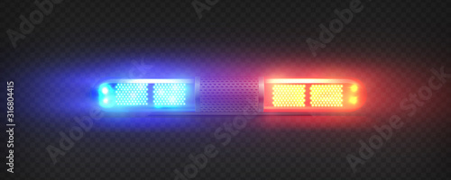 Realistic police led flasher Red and blue lights. Transparent beacon for emergency situations.