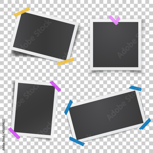 Realistic template with paper photo frames glued with adhesive tape