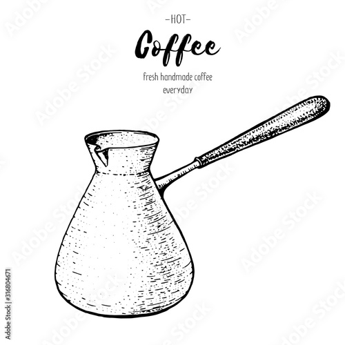 Coffee maker cezve hand drawn sketch. Vintage vector illustration.