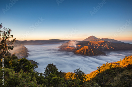 Bromo volcano at sunrise and Foggy in the morning, Indonesia.