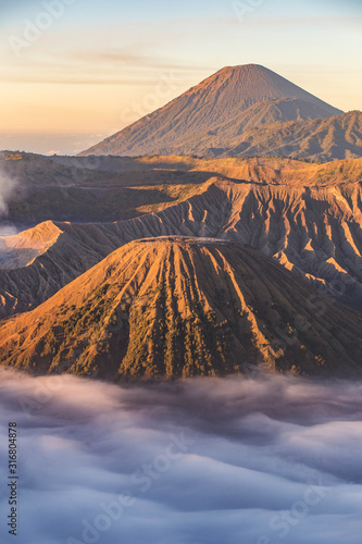 Bromo volcano at sunrise and Foggy in the morning, Indonesia.