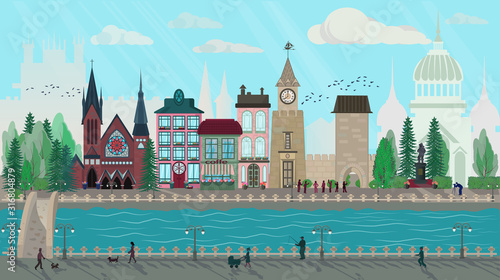 Horizontal panorama of the street in the town with old buildings, Cathedral,  fortress, monument and people walking along the embankment. Ordinary life in an urban environment. Vector illustration.